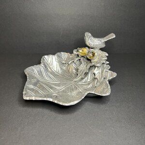 Decorative Cast Aluminum Textured Chestnut Leaf & Bird Trinket Bowl 3.75 x 8"